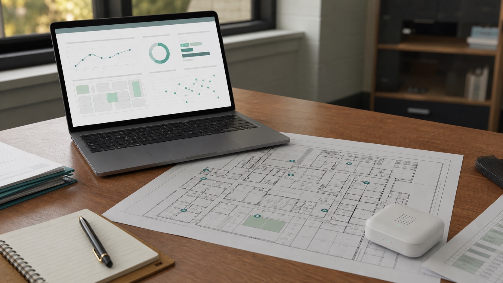 Laptop, floor plan, and sensor used for campus air monitoring planning