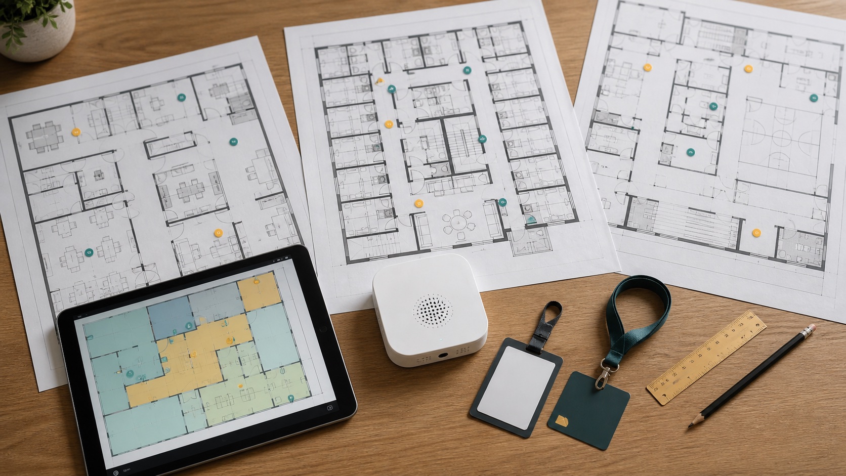 Floor plans, sensor, and tablet used to plan vape detection across several building types