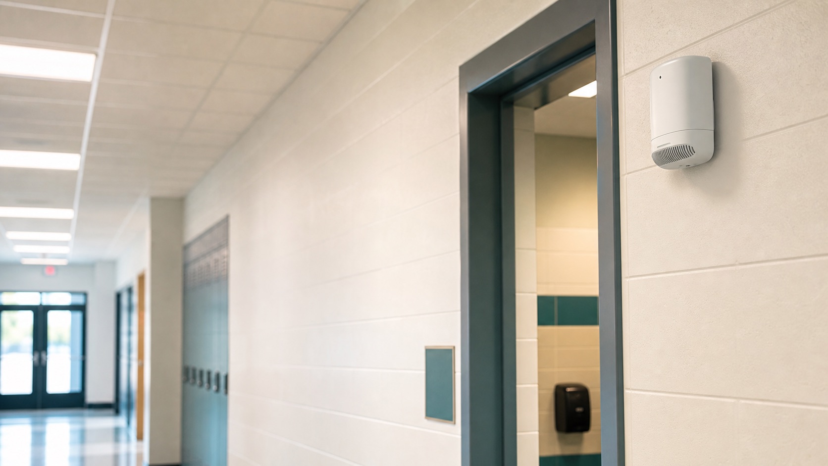 Wall-mounted air quality sensor beside a school restroom entrance
