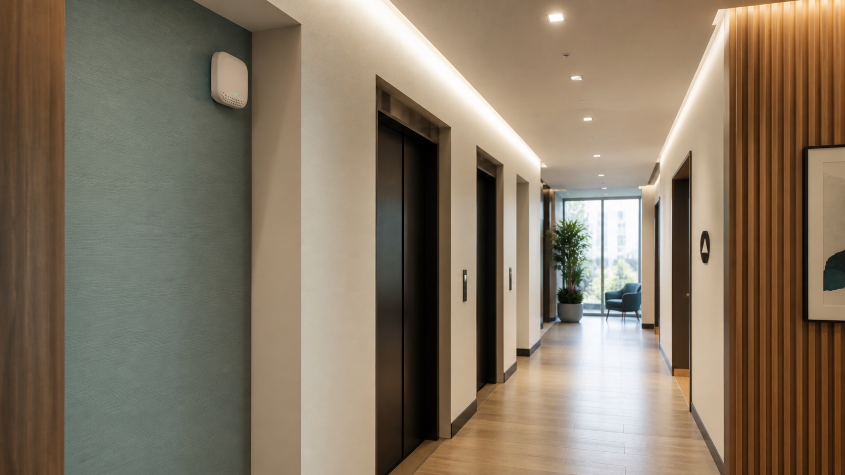 Discreet vape detection sensor in a modern shared-building corridor